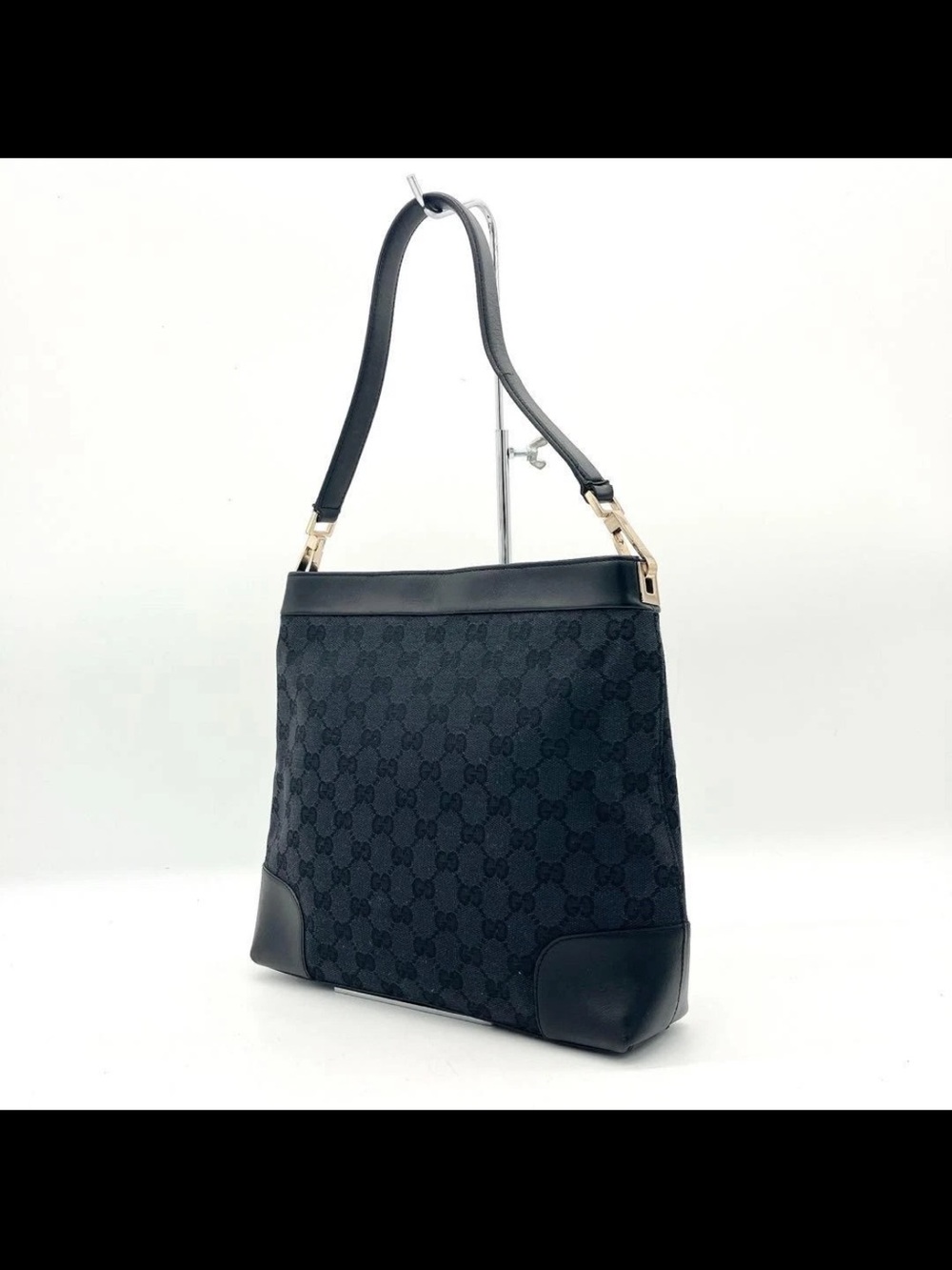 Gucci Black GG Monogram Shoulder Bag with Leather Trim